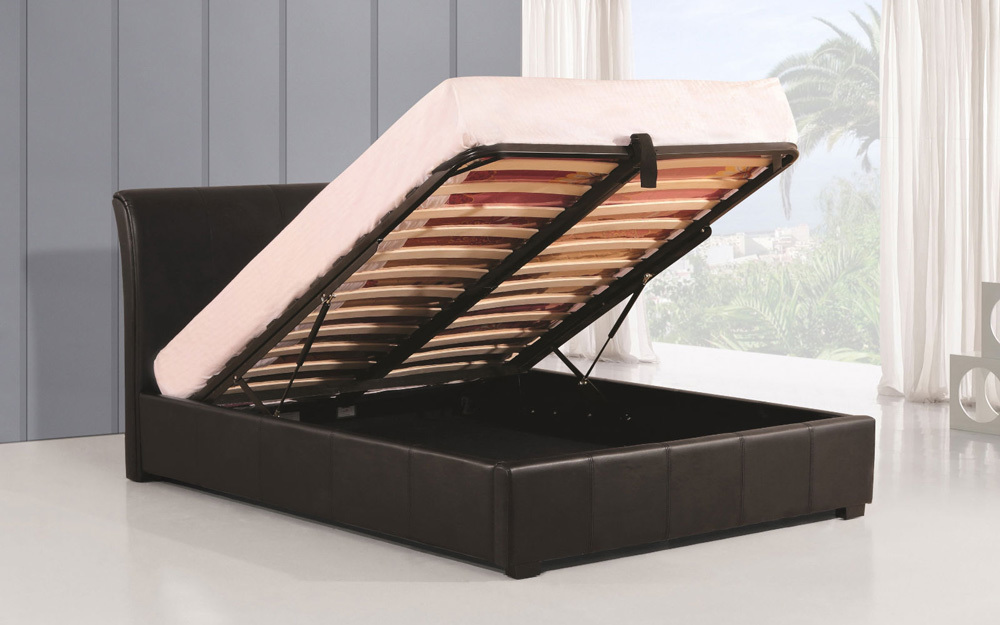 The Mattress Online Woburn Faux Leather Ottoman Bed in black with full ottoman open