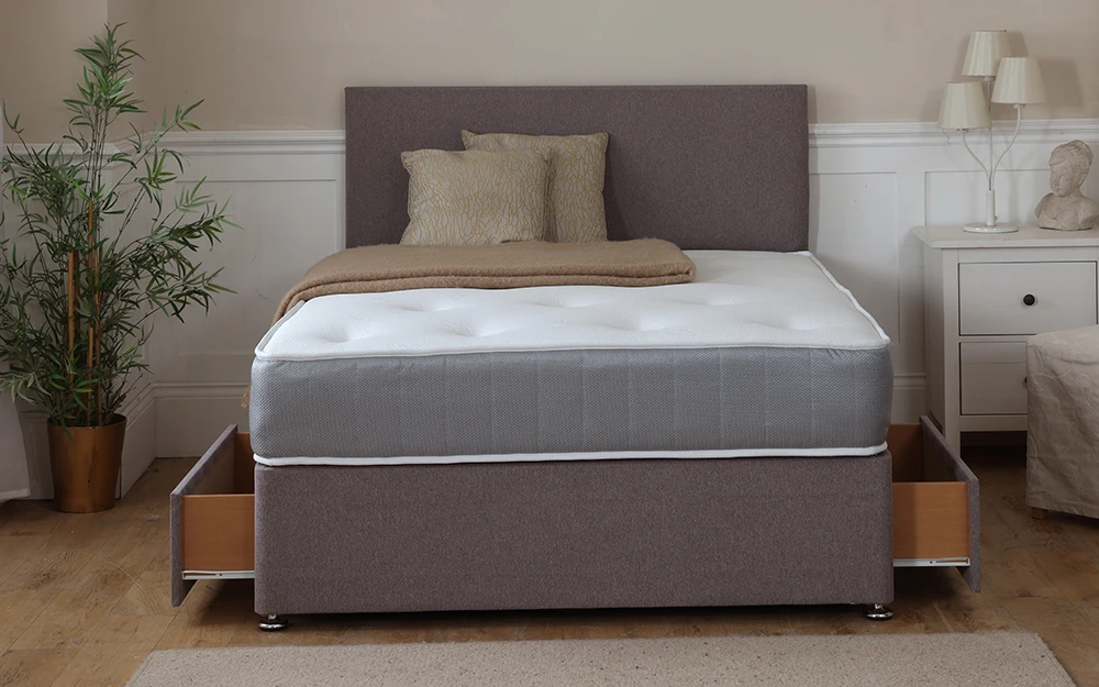 Bodyshape Ease Divan Set Front View Bedding Drawers Open Lifestyle