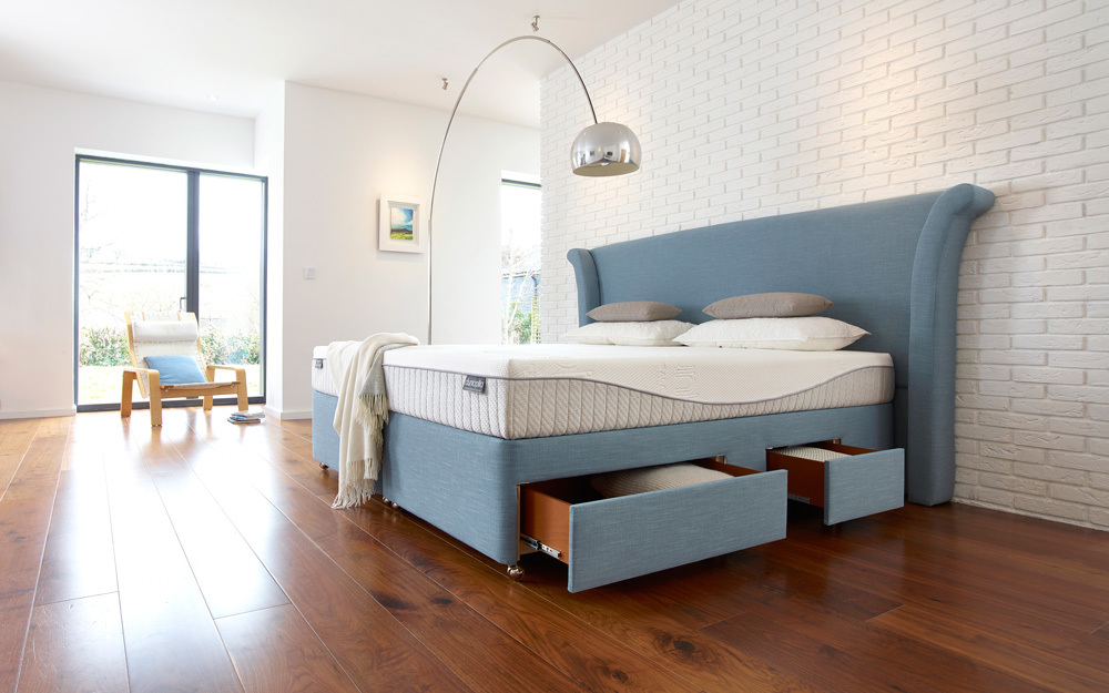 The Dunlopillo Royal Sovereign Divan in blue with two full and two half drawers