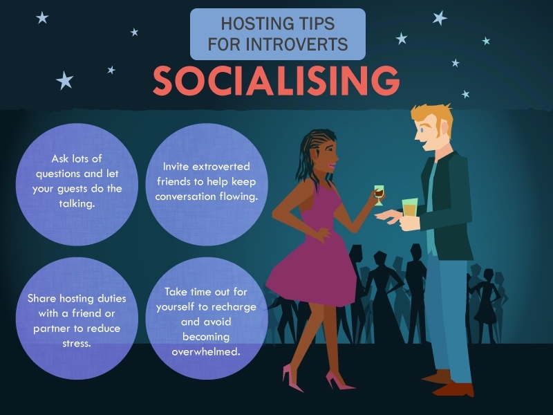 An infographic showing hosting hacks for introverts when it comes to socialising.