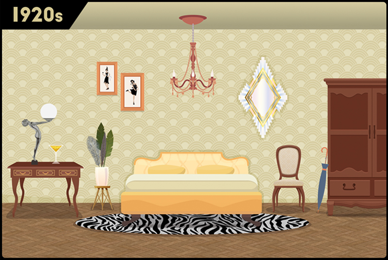 An illustration of a 1920s bedroom with art deco wallpaper, a zebra-print rug and a luxurious bed frame.