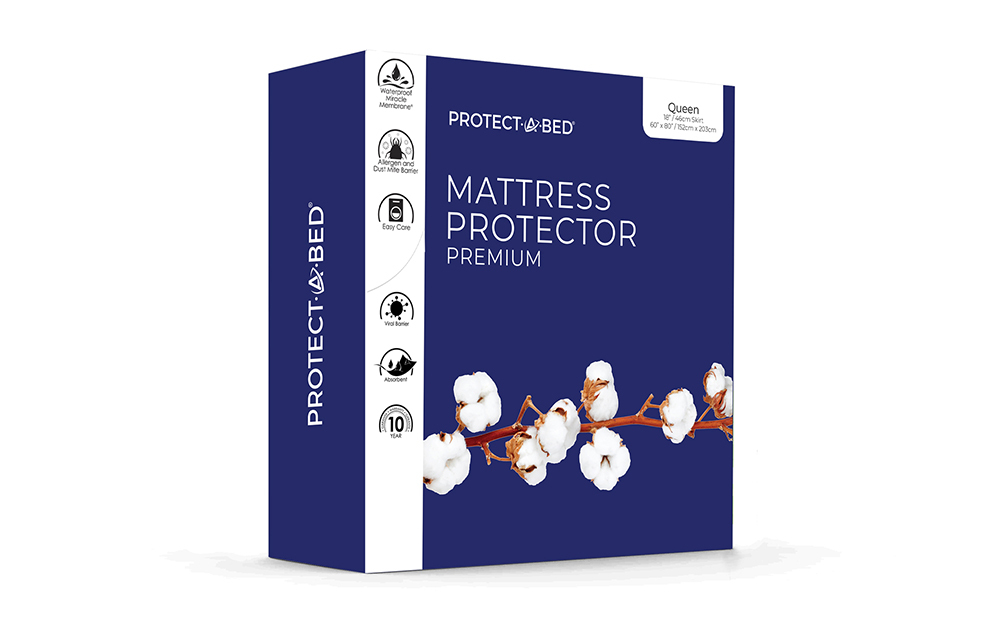 The Protect A Bed Premium Waterproof Mattress Protector packaging on a white background.