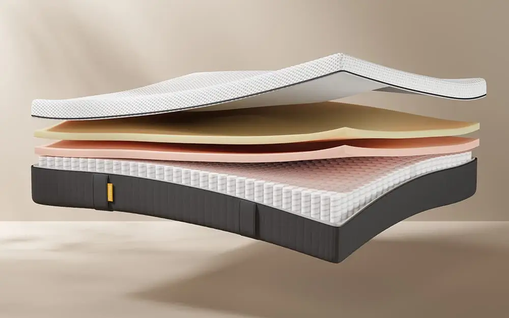 The Emma Hybrid Original Mattress split into it's seperate layers - the mattress surface, two layers of memory foam and a support base of pocket springs.